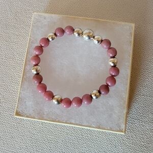 Sterling Silver & Rhodonite Bead Bracelet Magnetic Clasp